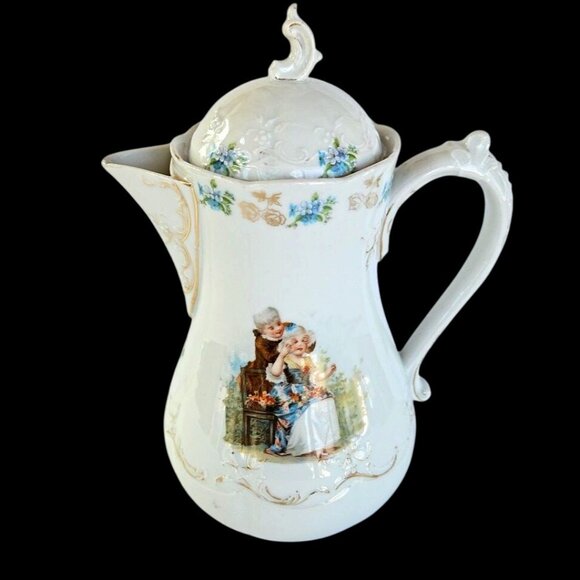 Antique Carlsbad Austria Chocolate Pot Courting Scenes 40 Oz Gilt Transferware - Picture 1 of 14